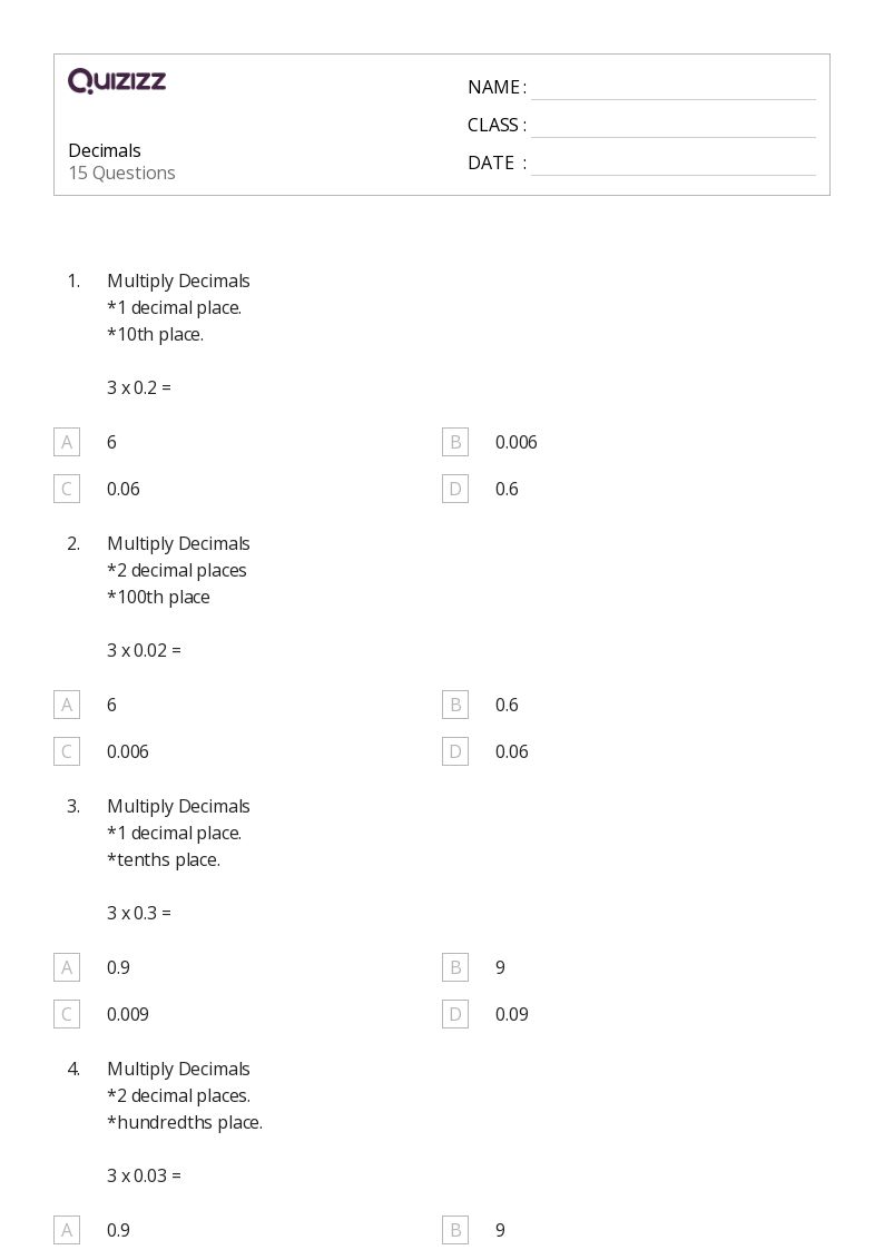 Decimals - Printable Decimal-numbers Worksheets Grade 3 - Quizizz