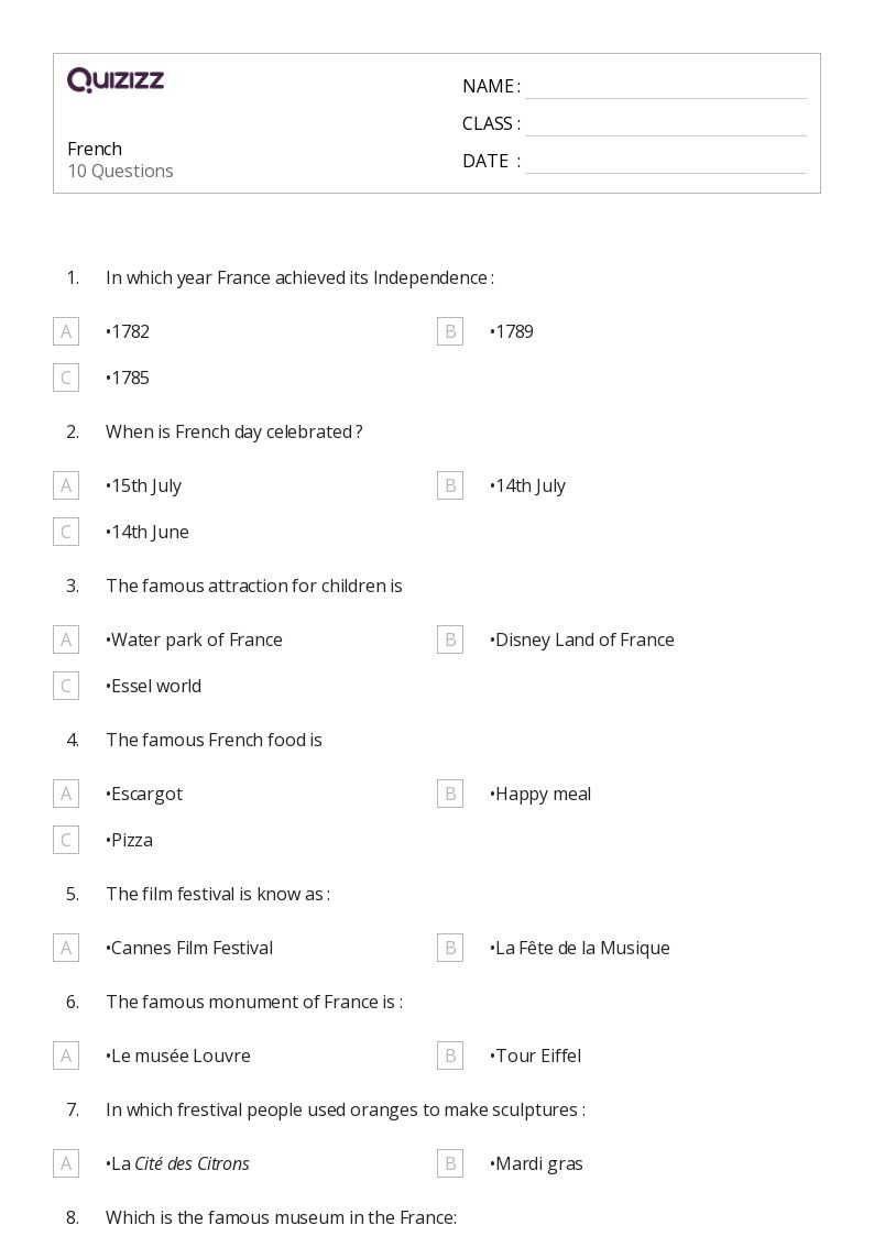 French - Printable Class 1 Worksheets - Quizizz