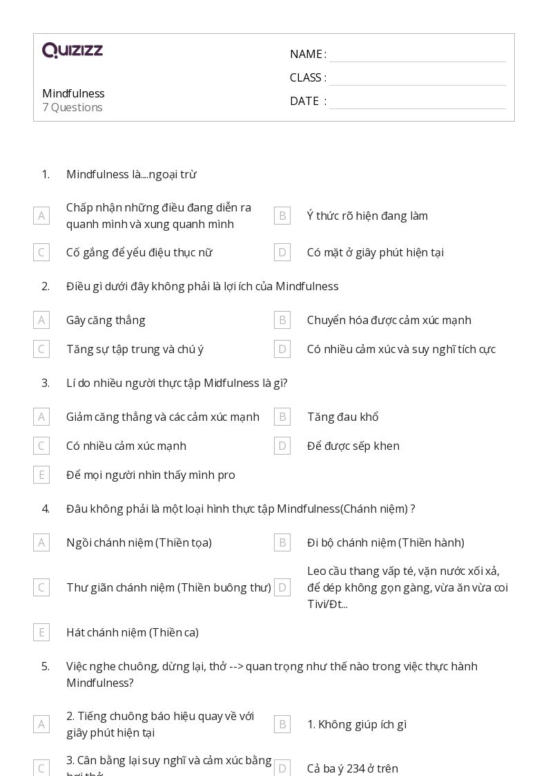 Mindfulness - Printable Class 1 Worksheets - Quizizz