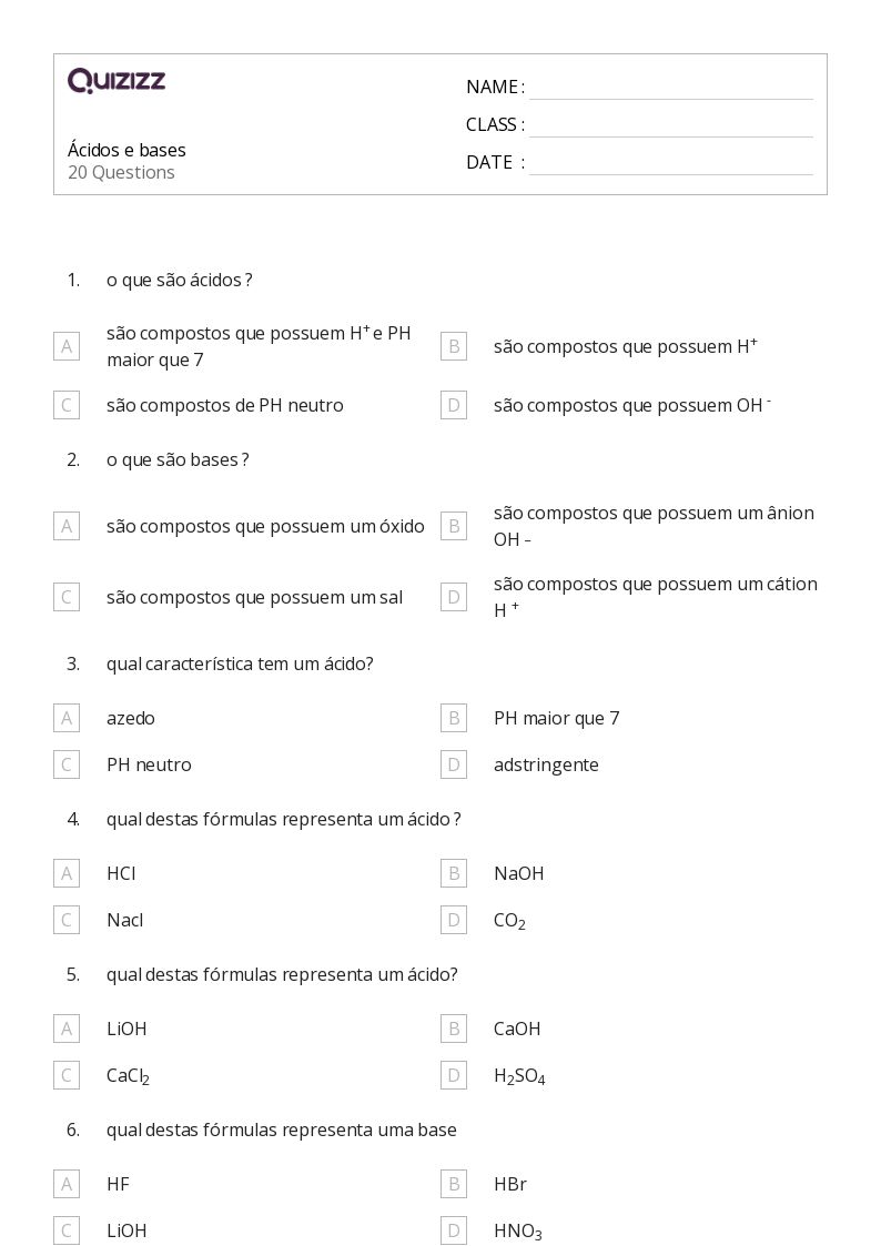 Ácidos e bases - Imprimível O-básico Fichas-de-trabalho - Quizizz