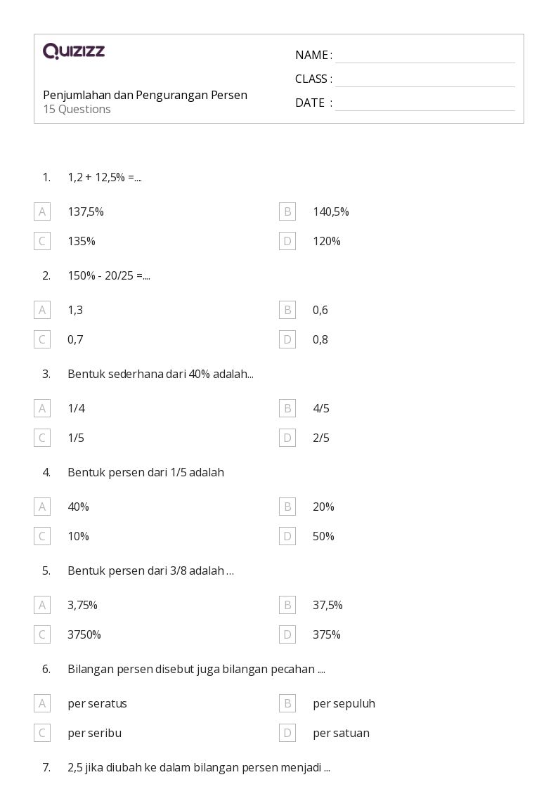 Penjumlahan dan Pengurangan Persen - Dapat dicetak Persen-rasio-dan-tarif Lembar-kerja Kelas 5 - Quizizz