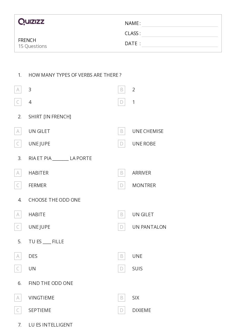 FRENCH - Printable French Worksheets Class 6 - Quizizz