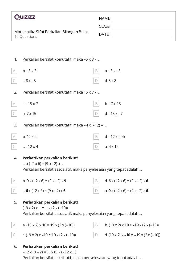 Matematika SIfat Perkalian Bilangan Bulat - Dapat dicetak Sifat-perkalian Lembar-kerja - Quizizz