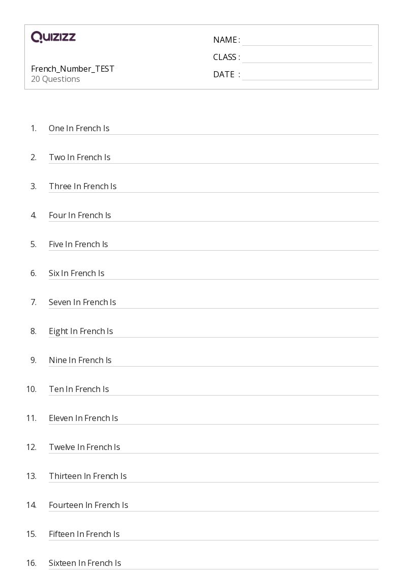 French_Number_TEST - Printable French Worksheets Class 6 - Quizizz