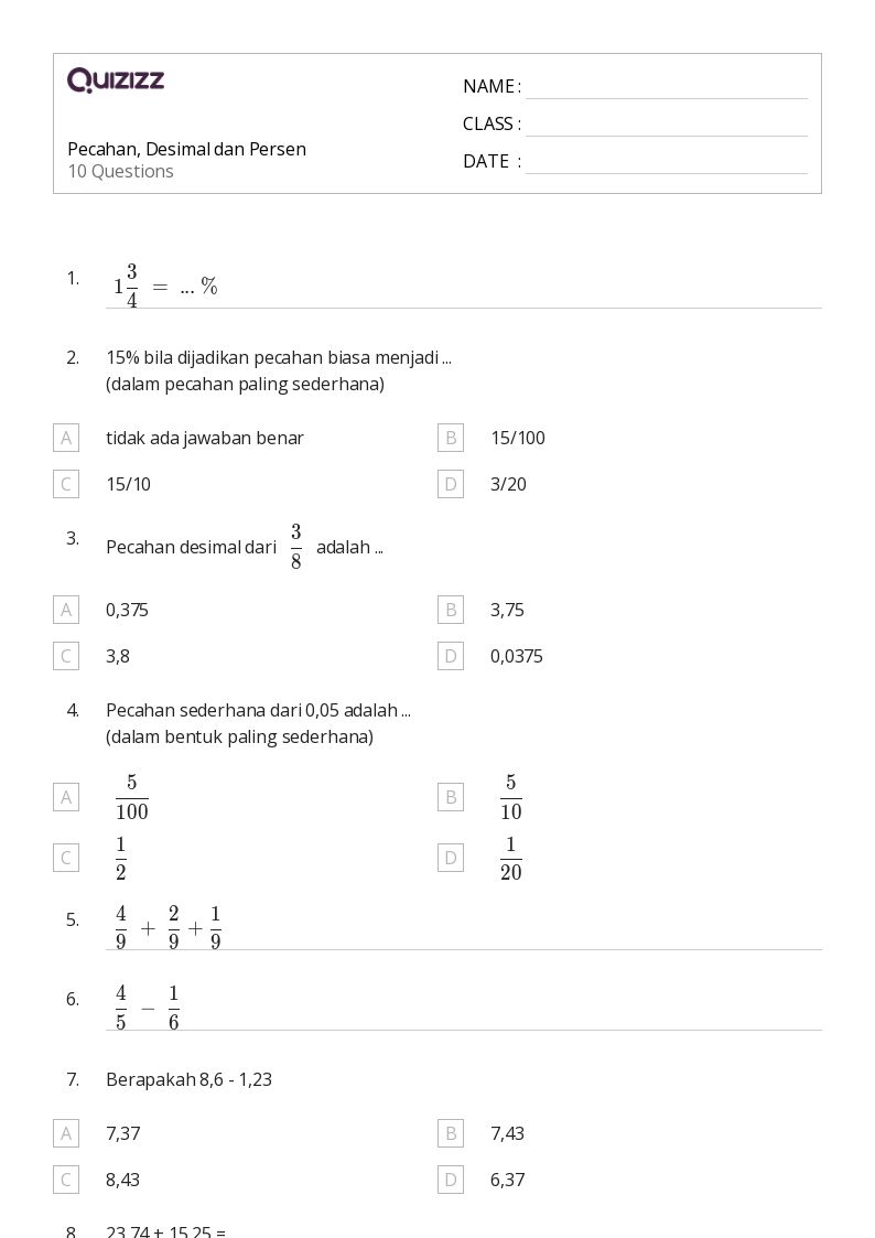 Pecahan, Desimal dan Persen - Dapat dicetak Persen-rasio-dan-tarif Lembar-kerja Kelas 5 - Quizizz