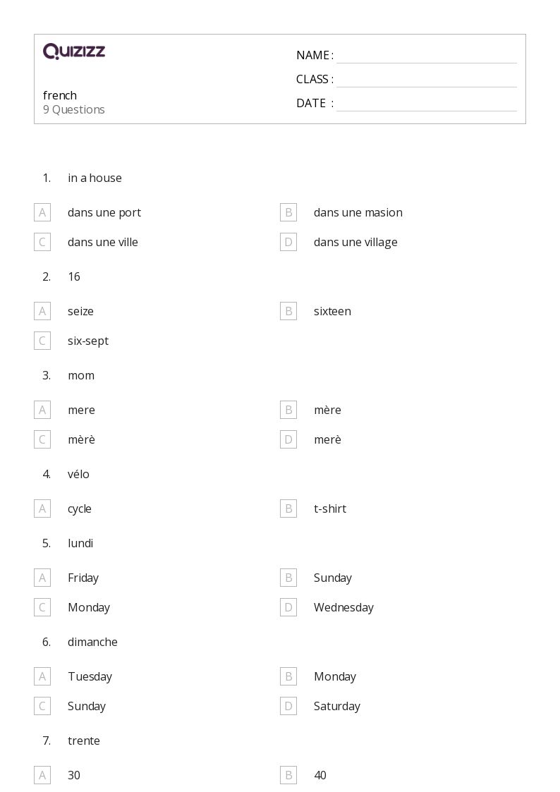 french - Printable French Worksheets Class 6 - Quizizz