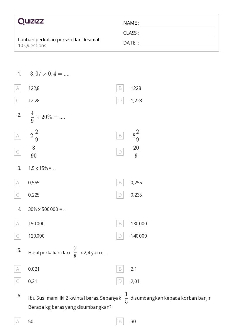 Latihan perkalian persen dan desimal - Dapat dicetak Persen-rasio-dan-tarif Lembar-kerja Kelas 5 - Quizizz