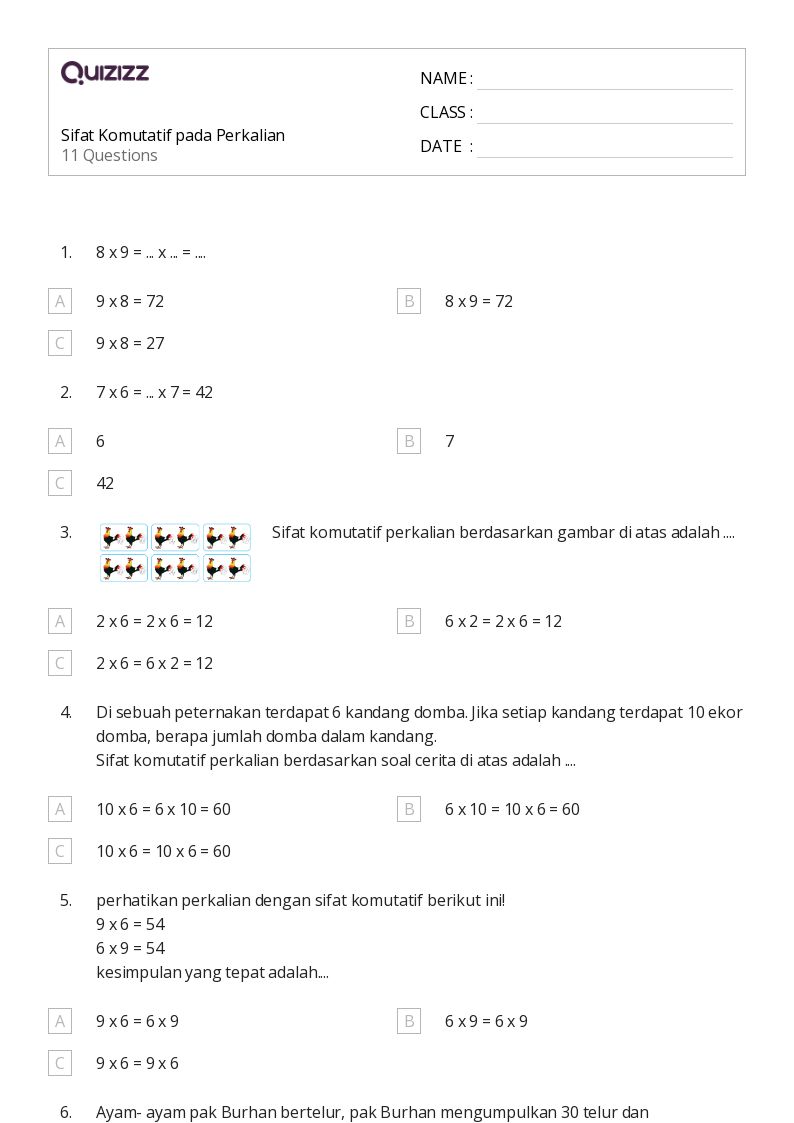 Sifat Komutatif pada Perkalian - Dapat dicetak Sifat-perkalian Lembar-kerja Kelas 3 - Quizizz