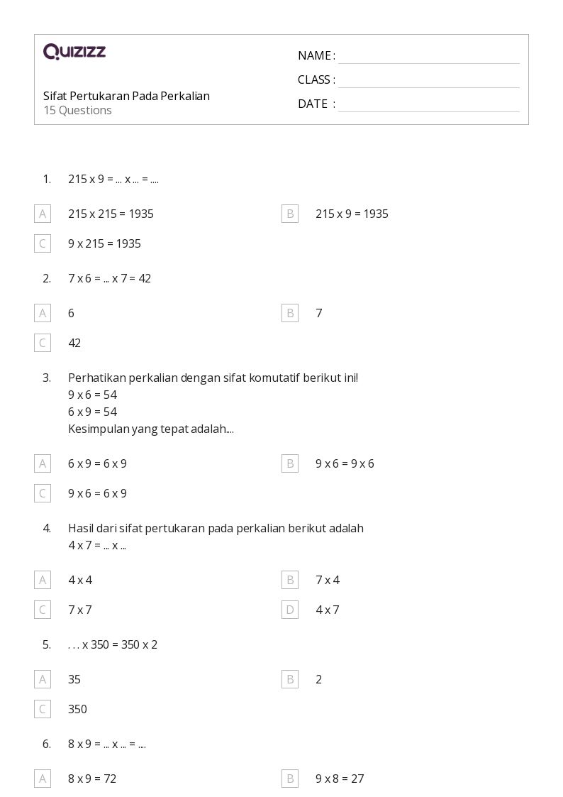 Sifat Pertukaran Pada Perkalian - Dapat dicetak Sifat-perkalian Lembar-kerja Kelas 3 - Quizizz