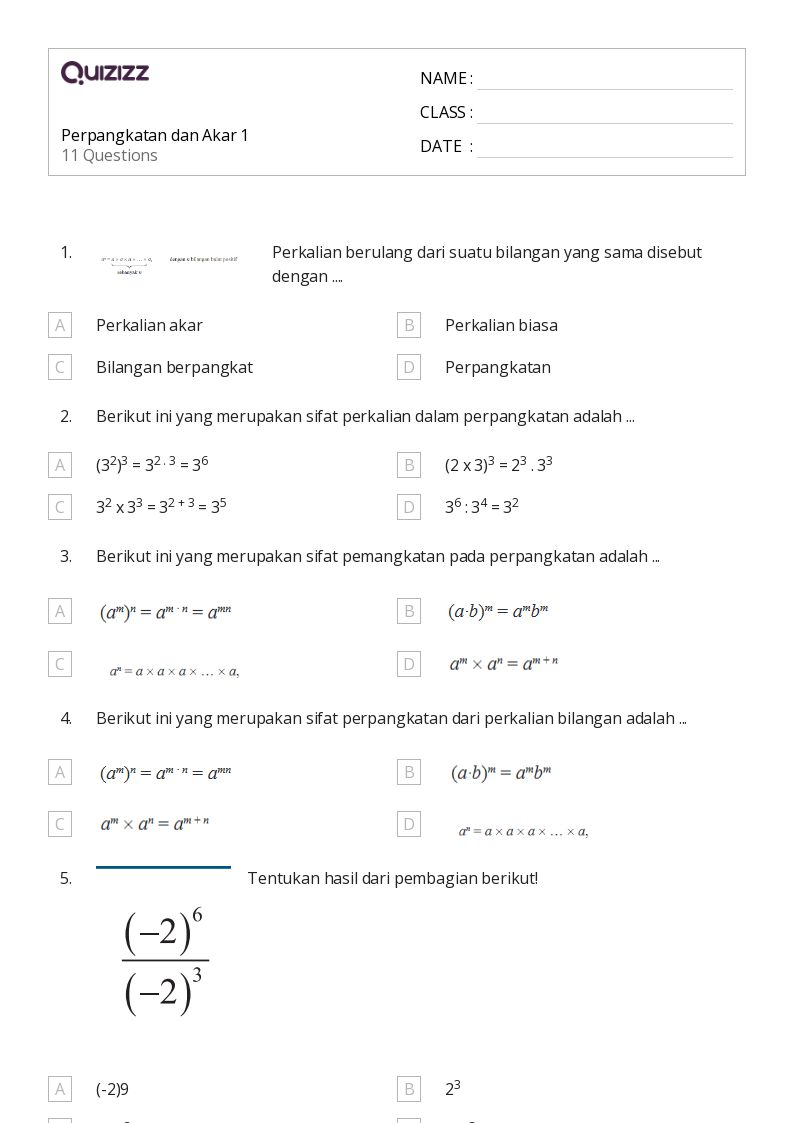 Perpangkatan dan Akar 1 - Dapat dicetak Sifat-perkalian Lembar-kerja - Quizizz