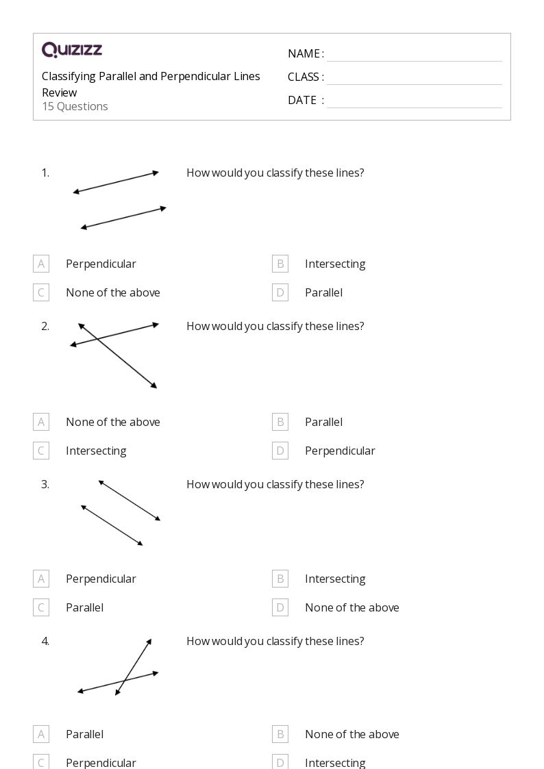 Classifying Parallel and Perpendicular Lines Review - Printable Parallel-and-perpendicular-lines Worksheets Grade 5 - Quizizz