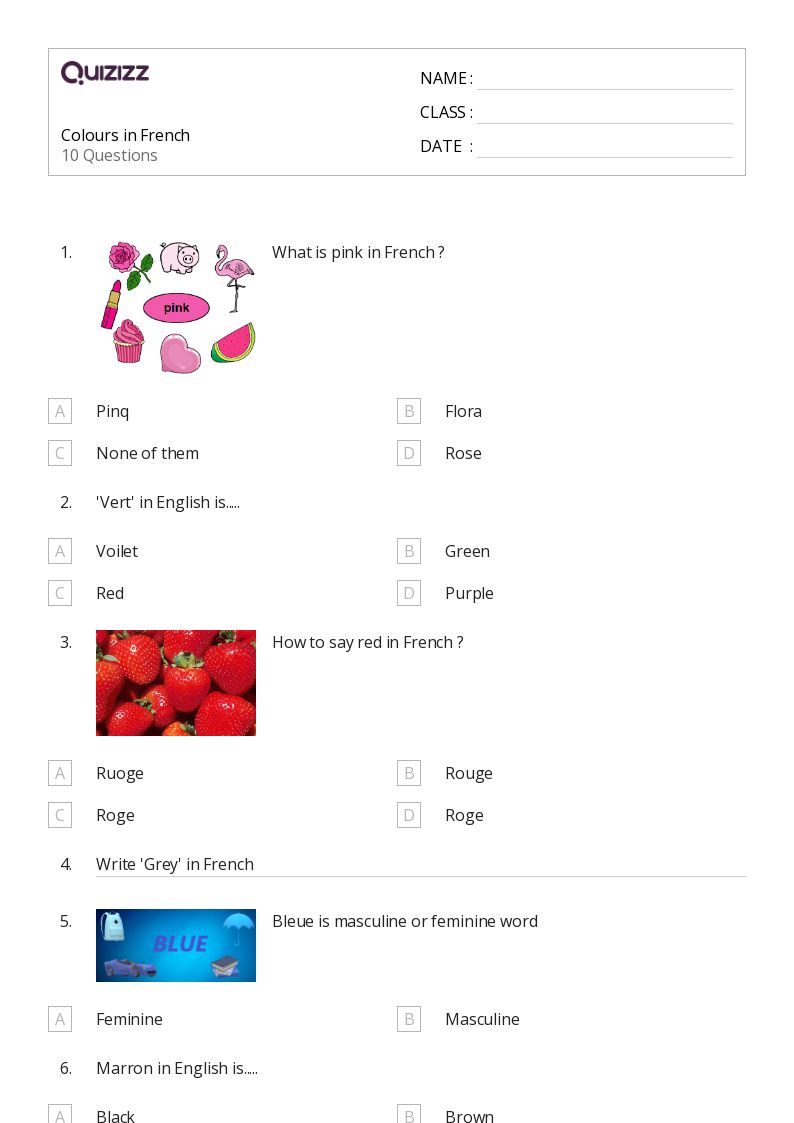 Colours in French - Printable French Worksheets Class 6 - Quizizz