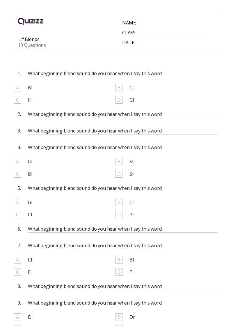 "L" Blends - Printable Blend-charts Worksheets Grade 3 - Quizizz