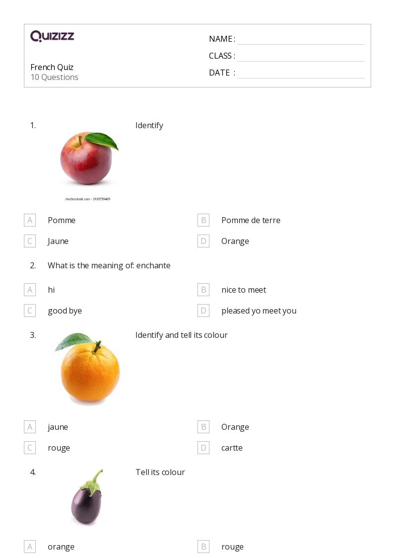 French Quiz - Printable French Worksheets Class 6 - Quizizz