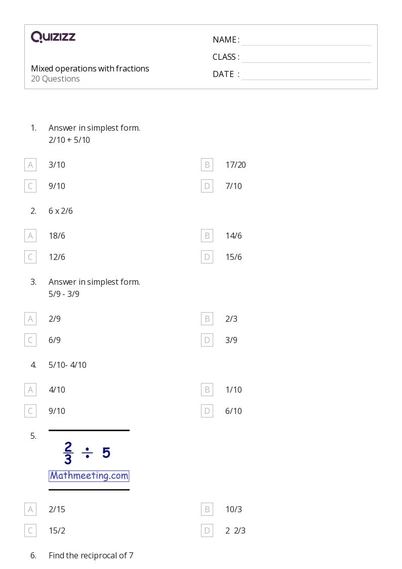 Mixed operations with fractions - Printable Mixed-operations Worksheets Grade 7 - Quizizz