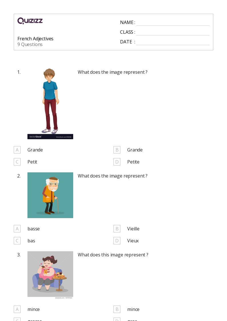 French Adjectives - Printable French Worksheets Class 6 - Quizizz