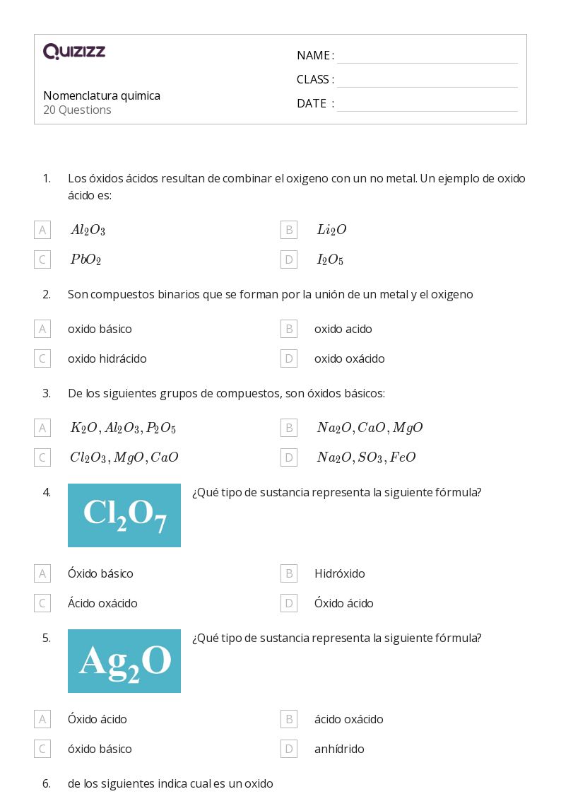 Nomenclatura quimica - Imprimível O-básico Fichas-de-trabalho - Quizizz