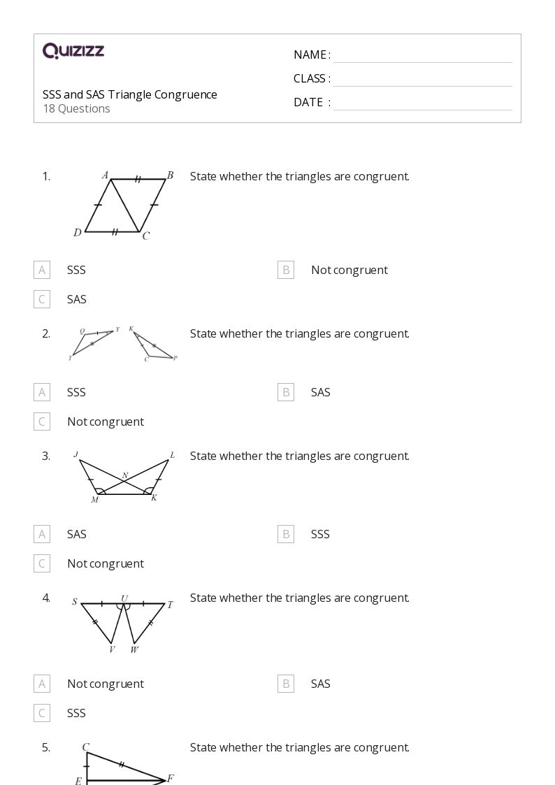 SSS and SAS Triangle Congruence - Printable Congruence Worksheets Grade 11 - Quizizz