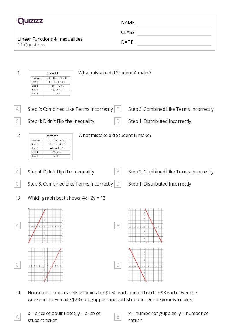 Linear Functions & Inequalities - Printable Linear-functions Worksheets Grade 9 - Quizizz