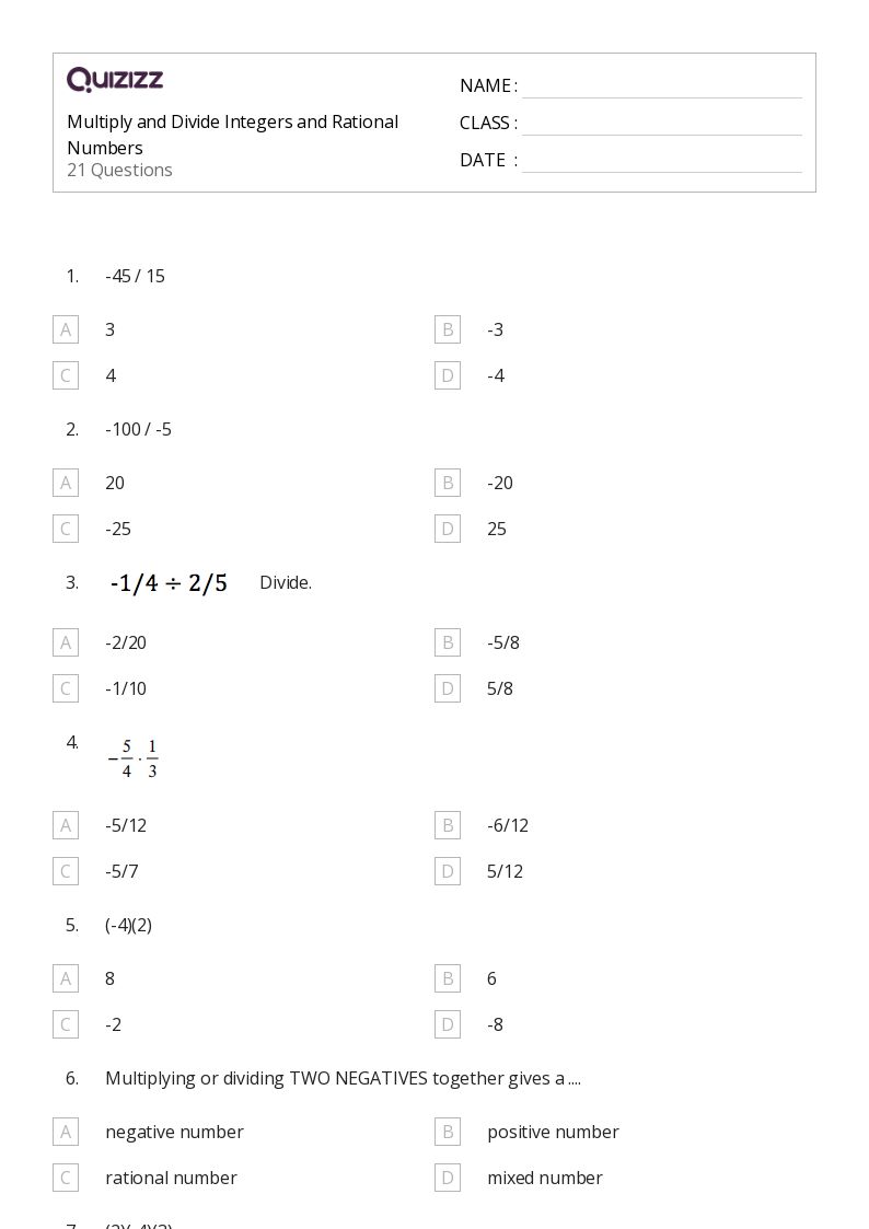 Multiply and Divide Integers and Rational Numbers - Printable Integers-and-rational-numbers Worksheets Grade 8 - Quizizz