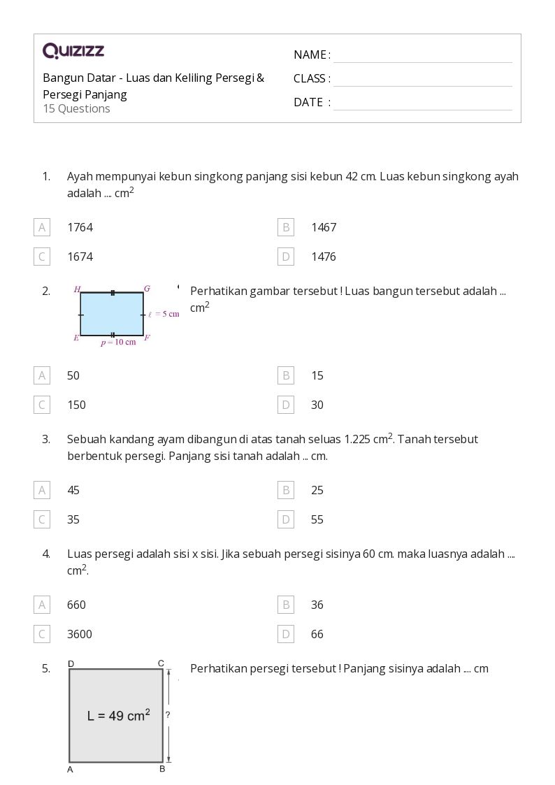 Bangun Datar - Luas dan Keliling Persegi & Persegi Panjang - Dapat dicetak Luas-dan-keliling Lembar-kerja Kelas 9 - Quizizz