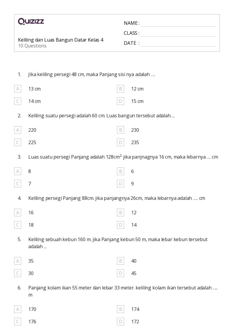 Keliling dan Luas Bangun Datar Kelas 4 - Dapat dicetak Luas-dan-keliling Lembar-kerja Kelas 9 - Quizizz