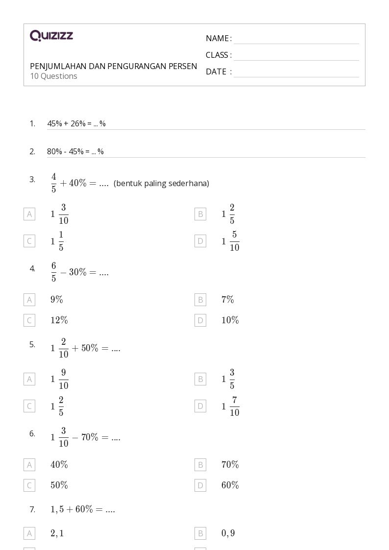PENJUMLAHAN DAN PENGURANGAN PERSEN - Dapat dicetak Persen-rasio-dan-tarif Lembar-kerja Kelas 5 - Quizizz