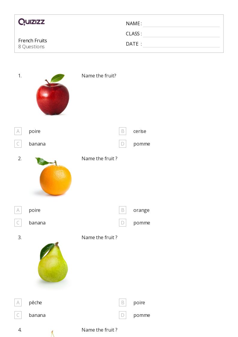 French Fruits  - Printable Class 1 Worksheets - Quizizz