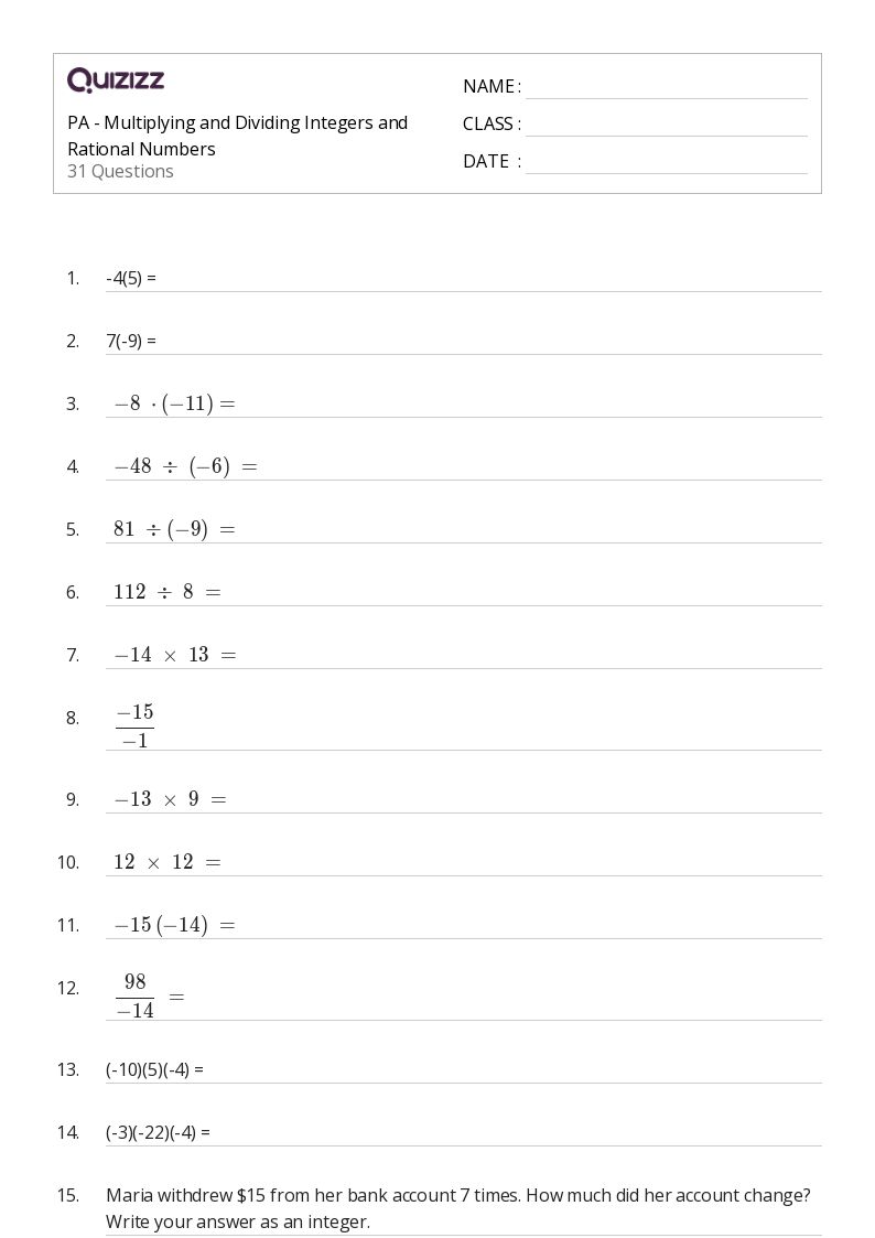 PA - Multiplying and Dividing Integers and Rational Numbers - Printable Integers-and-rational-numbers Worksheets Grade 8 - Quizizz