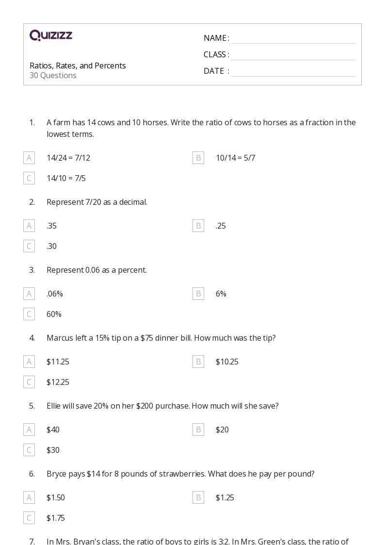 Ratios, Rates, and Percents - Printable Percents-ratios-and-rates Worksheets Grade 8 - Quizizz