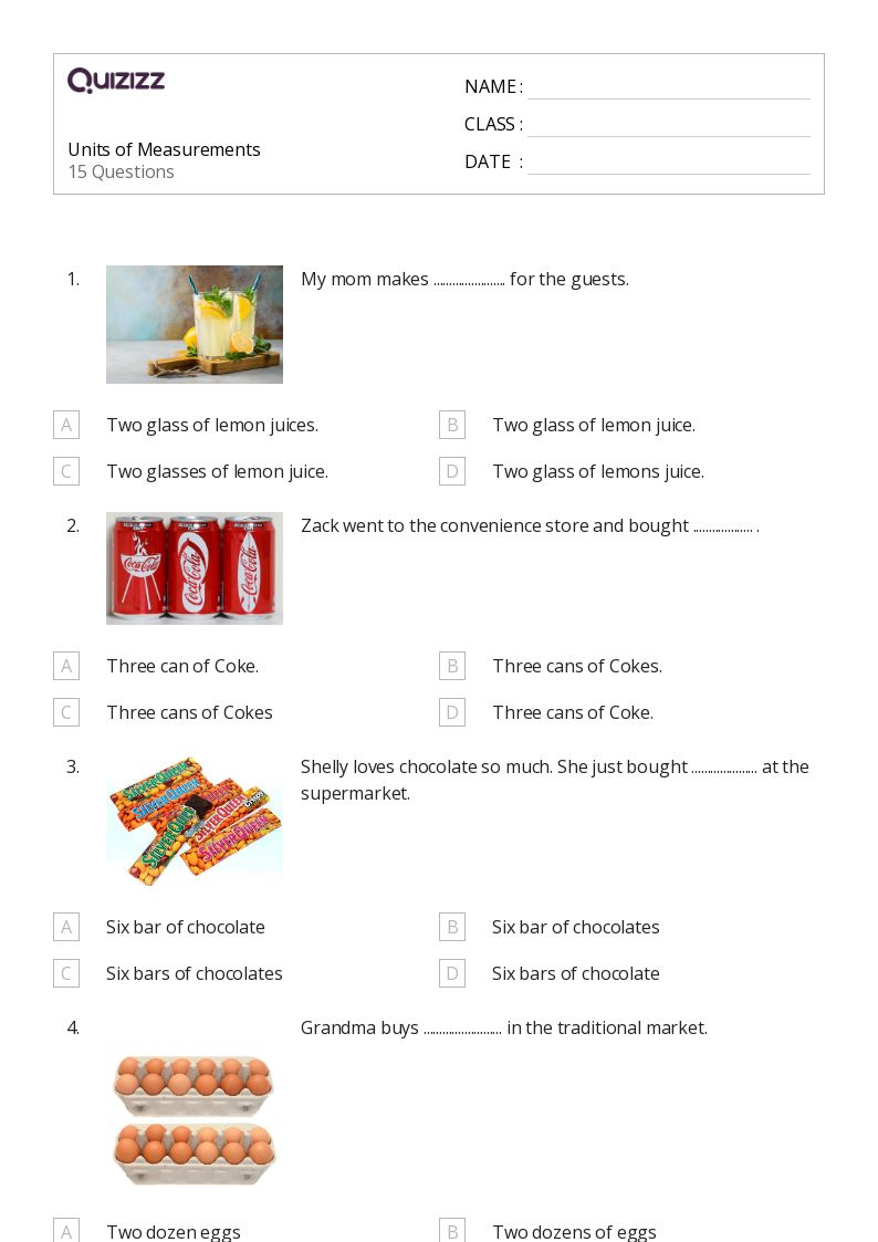 Units of Measurements - Printable Units-of-measurement Worksheets Grade 7 - Quizizz