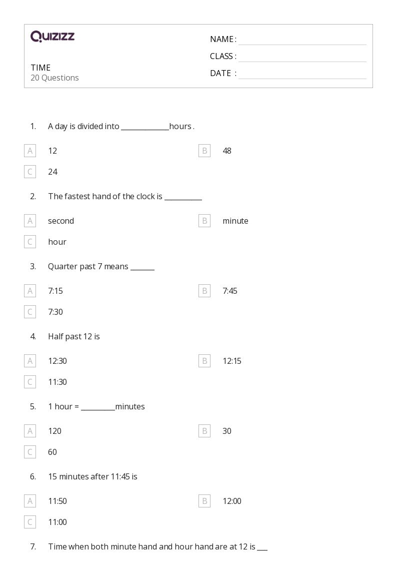 TIME - Printable Time Worksheets Class 1 - Quizizz