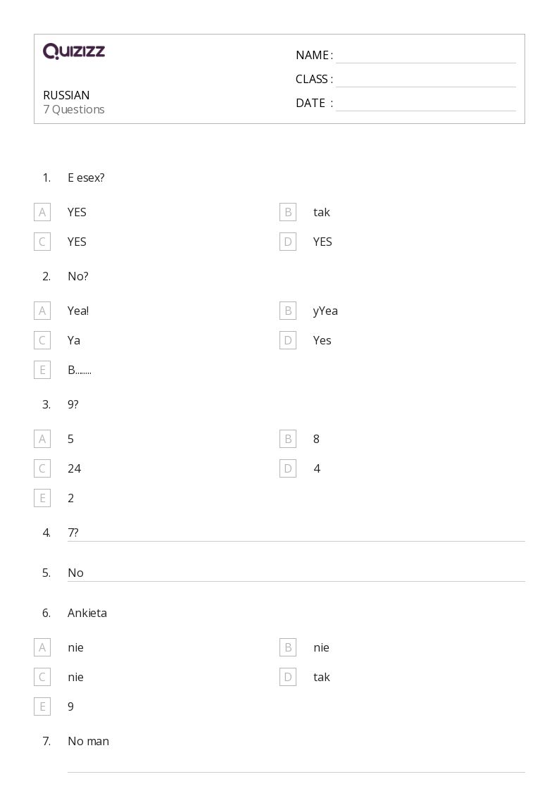 RUSSIAN  - Printable Class 1 Worksheets - Quizizz