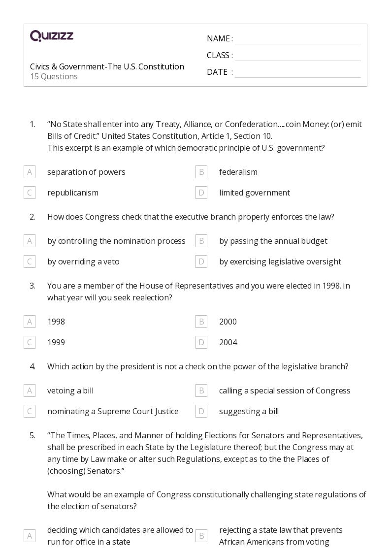 Civics & Government-The U.S. Constitution - Printable Social-studies Worksheets Grade 7 - Quizizz