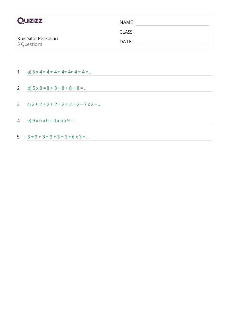 Kuis Sifat Perkalian - Dapat dicetak Sifat-perkalian Lembar-kerja - Quizizz