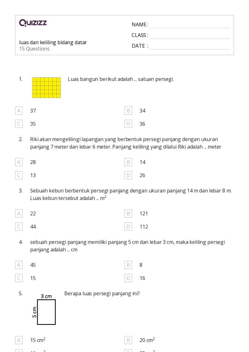 luas dan keliling bidang datar - Dapat dicetak Luas-dan-keliling Lembar-kerja Kelas 9 - Quizizz