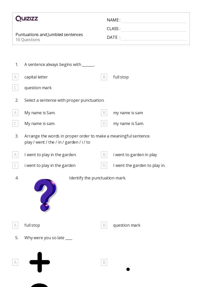 Puntuations and Jumbled sentences - Printable Class 1 Worksheets - Quizizz