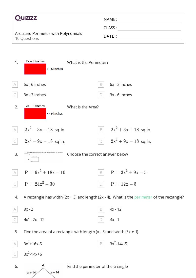 Area and Perimeter with Polynomials - Printable Area-and-perimeter Worksheets Grade 9 - Quizizz