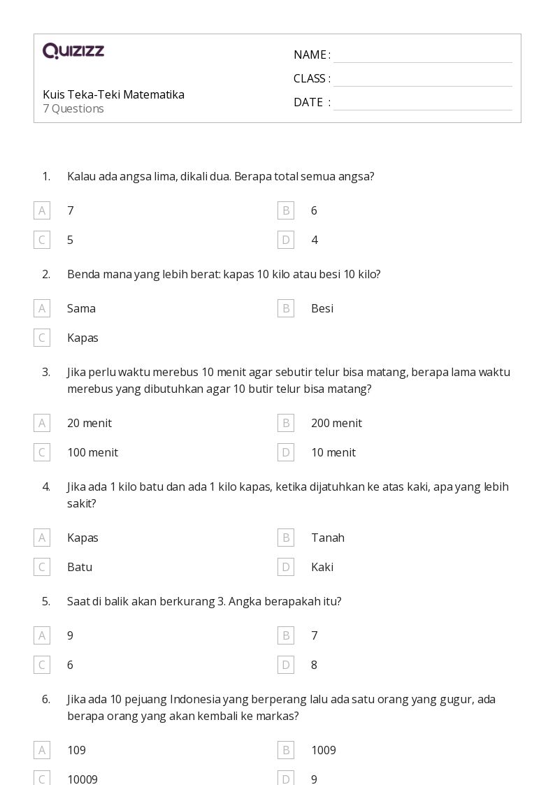 Kuis Teka-Teki Matematika - Dapat dicetak Teka-teki-matematika Lembar-kerja - Quizizz