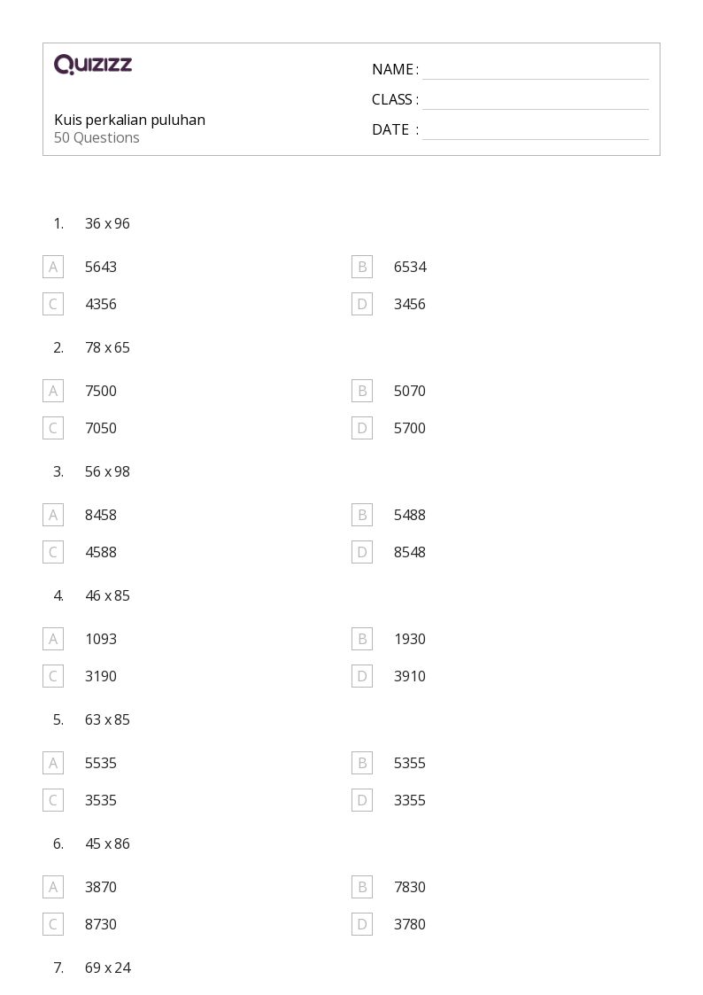 Kuis perkalian puluhan - Dapat dicetak Sifat-perkalian Lembar-kerja - Quizizz