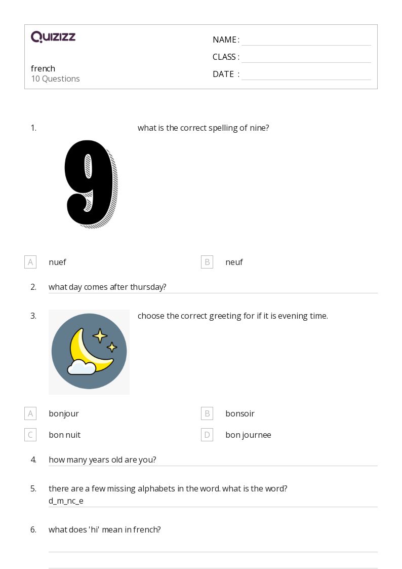 french - Printable Class 1 Worksheets - Quizizz