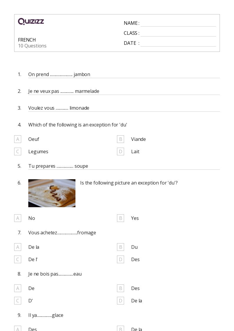 FRENCH - Printable French Worksheets Class 6 - Quizizz