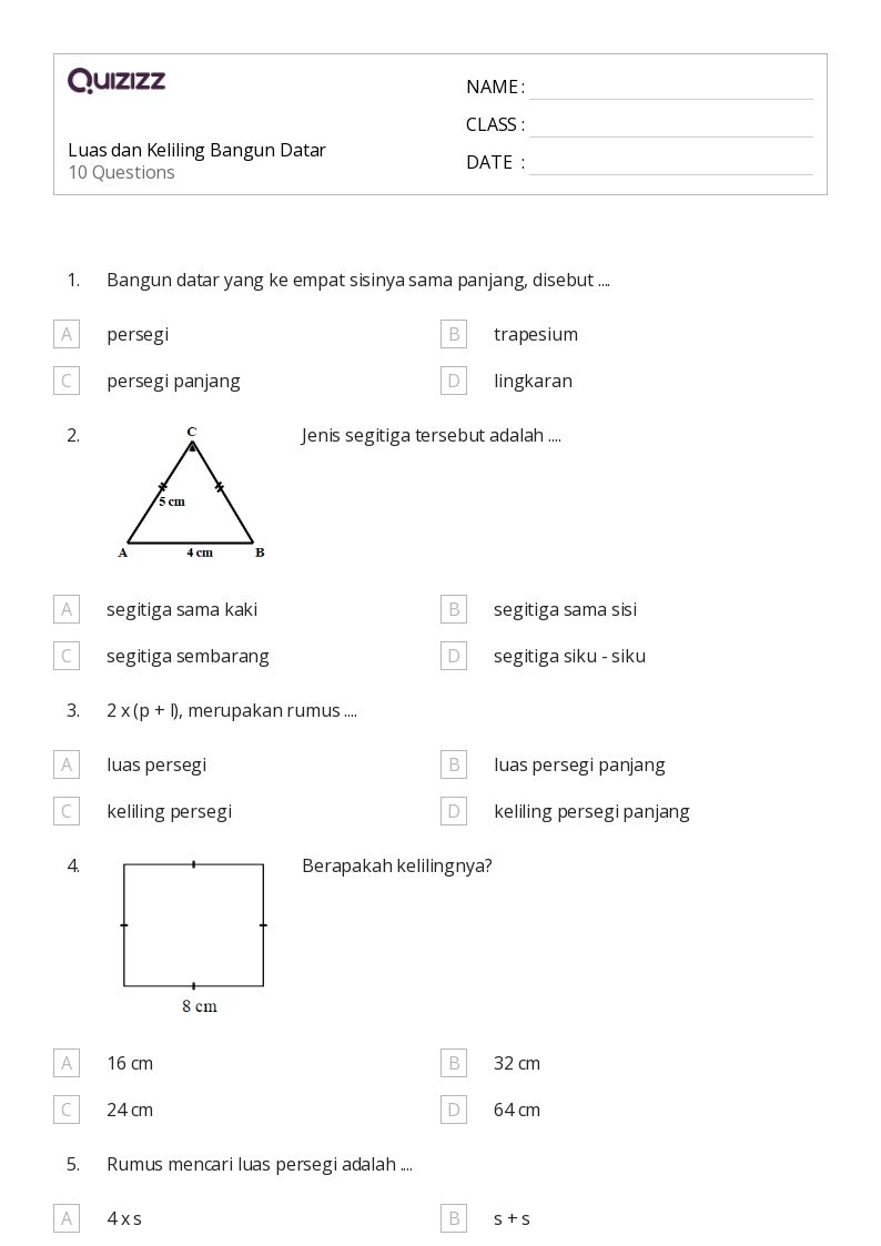 Luas dan Keliling Bangun Datar - Dapat dicetak Luas-dan-keliling Lembar-kerja Kelas 9 - Quizizz