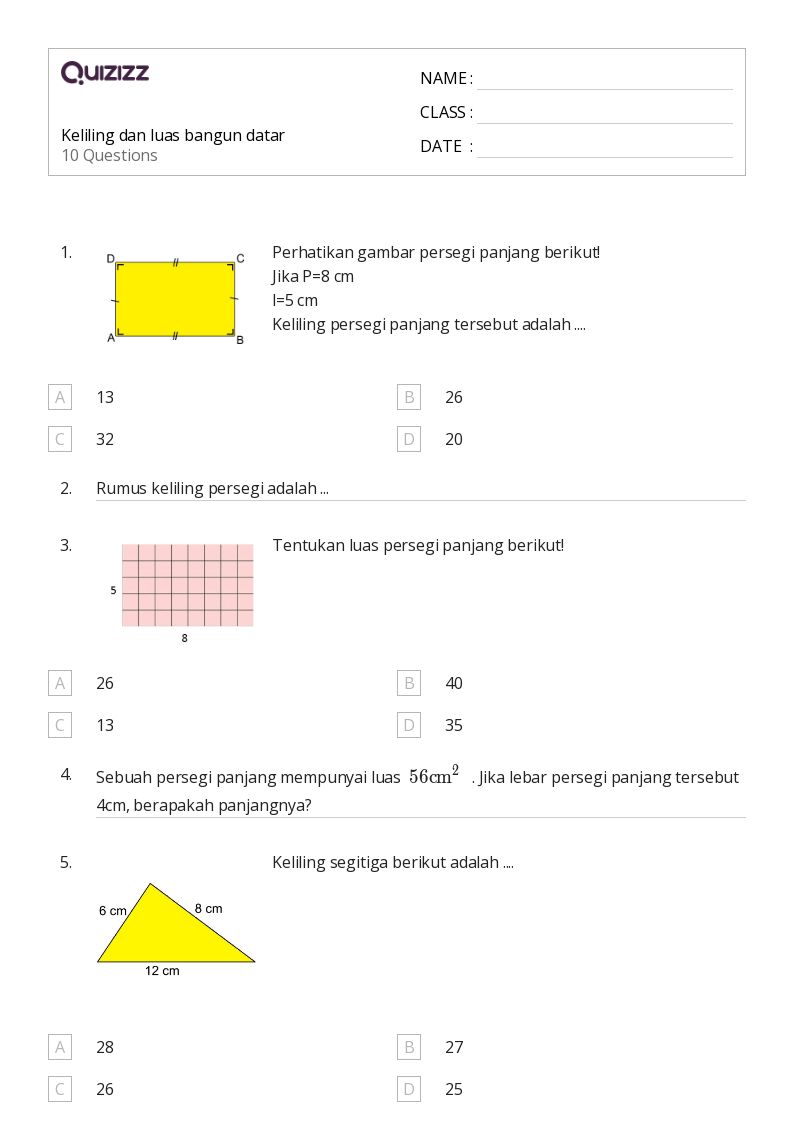 Keliling dan luas bangun datar - Dapat dicetak Luas-dan-keliling Lembar-kerja Kelas 9 - Quizizz