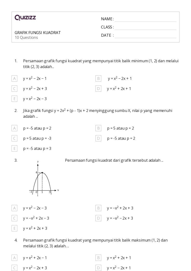 GRAFIK FUNGSI KUADRAT - Dapat dicetak Grafik-fungsi Lembar-kerja - Quizizz