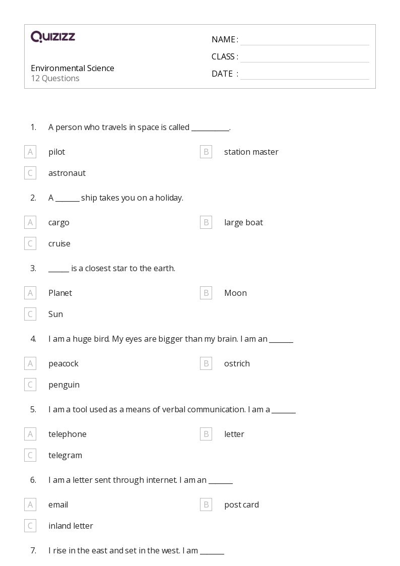 Environmental Science - Printable Class 1 Worksheets - Quizizz