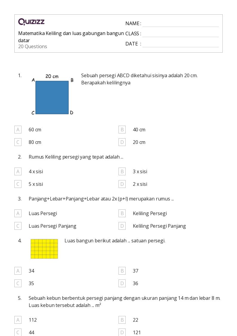 Matematika Keliling dan luas gabungan bangun datar - Dapat dicetak Luas-dan-keliling Lembar-kerja Kelas 9 - Quizizz