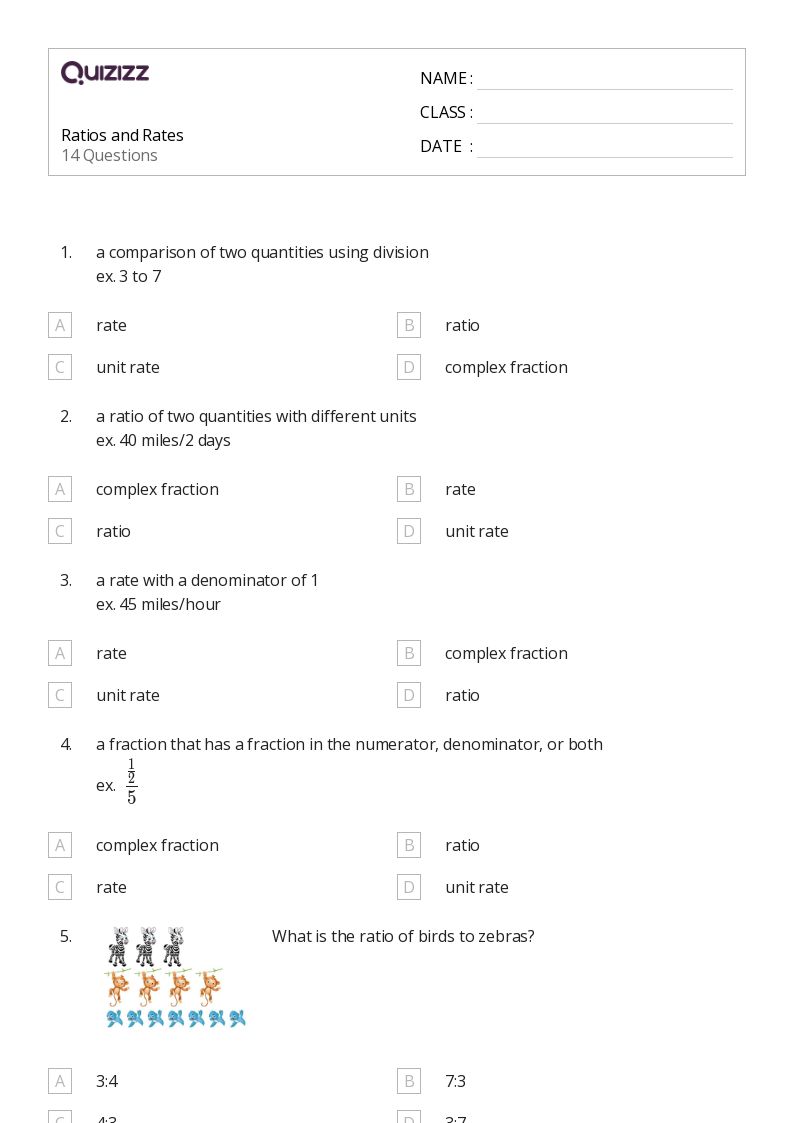 Ratios and Rates - Printable Percents-ratios-and-rates Worksheets Grade 8 - Quizizz