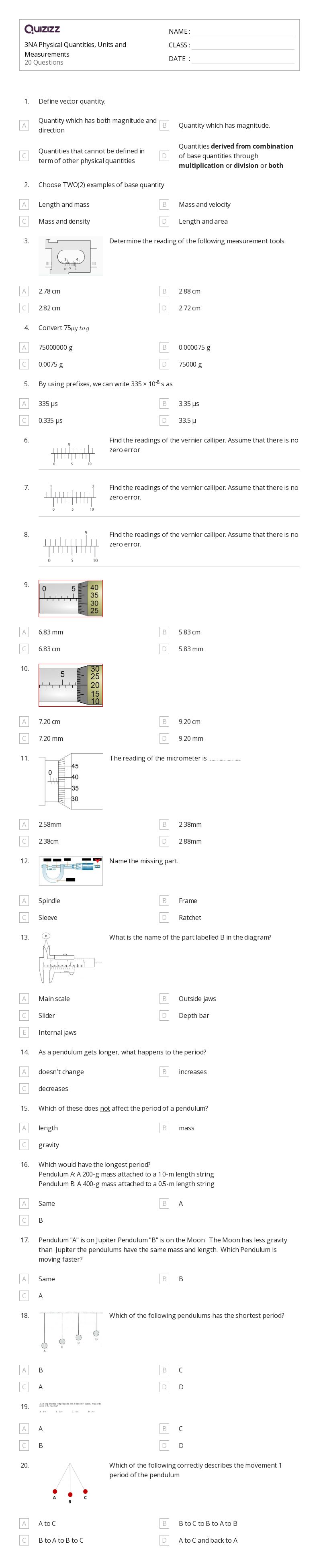 3NA Physical Quantities, Units and Measurements - Printable Science Worksheets Year 8 - Quizizz