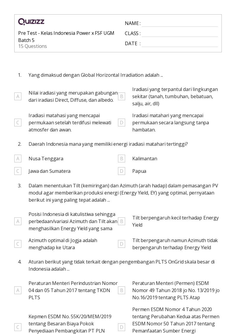 Pre Test - Kelas Indonesia Power x FSF UGM Batch 5  - Dapat dicetak Persen-rasio-dan-tarif Lembar-kerja Kelas 3 - Quizizz